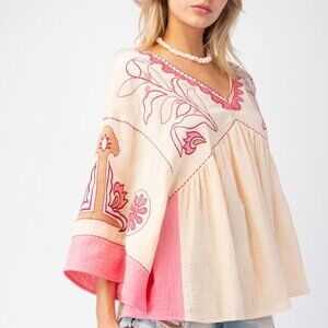 EASEL Embroidery Detailing Cotton Gauze Baby Doll Woven Top - Peach Pink